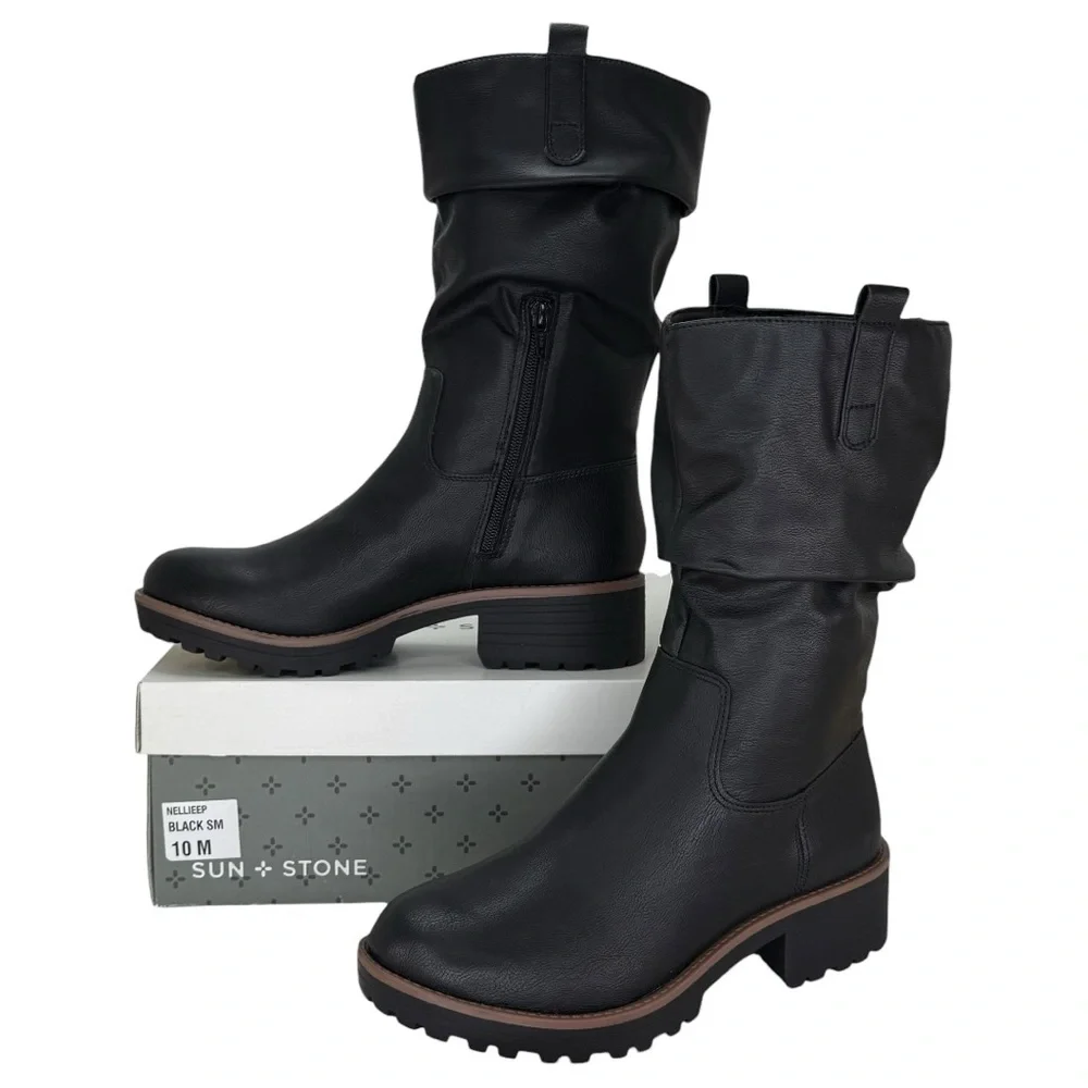 Sun + Stone Nelliee Black Faux Leather Mid-Calf Womens Boots Size 10M - Picture 1 of 11